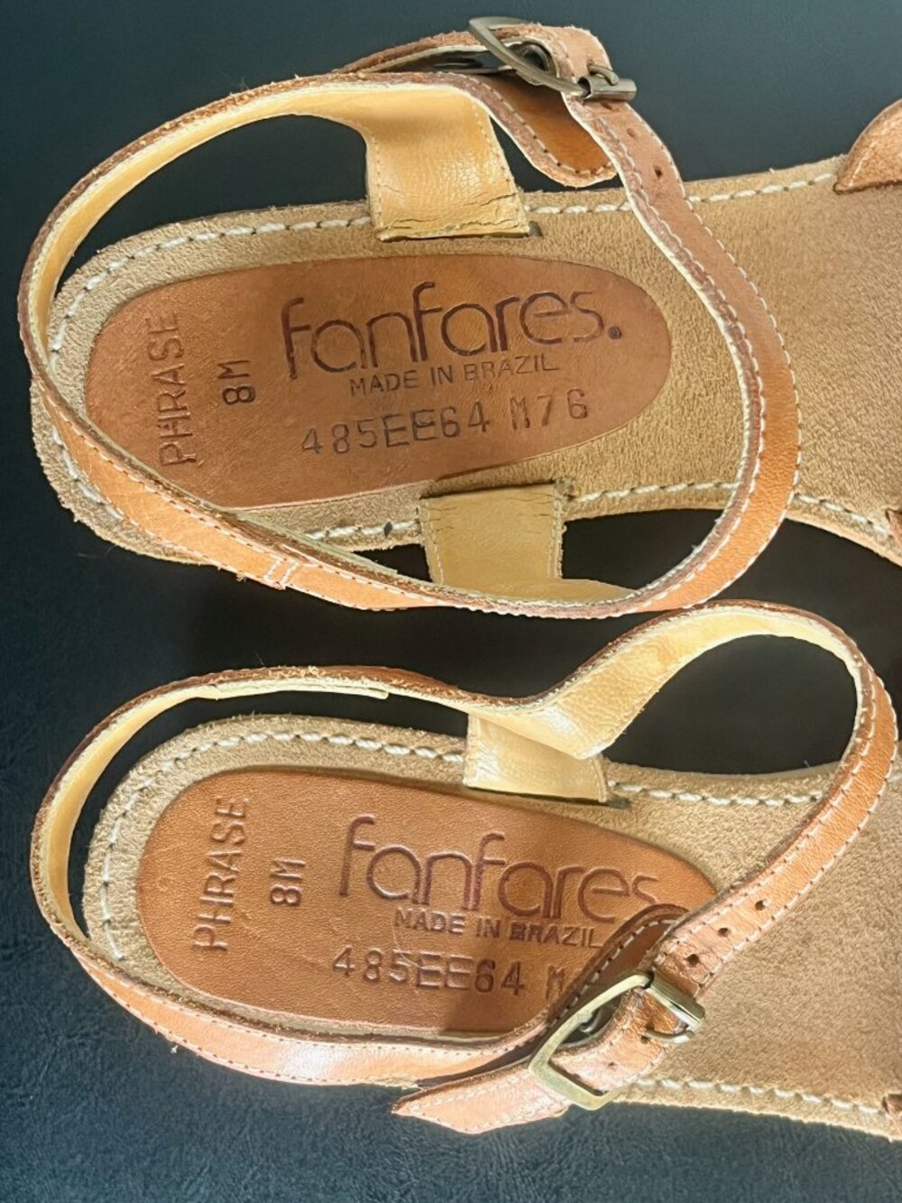 Vintage Boho 1990s Fanfares Leather Wedge Heel Platform Sandals Cognac Brown 7.5 - Picture 6 of 9